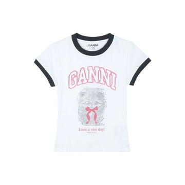 Ganni Women's Basic Cotton Jersey Margo Kitty Print T-Shirt Bright White A1050030-151 149777531 [P]