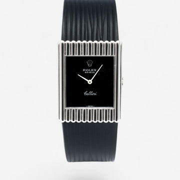ROLEX 4016 レア チェッリーニ ブラックラッカー ダイヤル 18K ホワイトゴールド ストライプ メンズ ユニセックス レザー ウォッチ 1976年製 159274513 [P]
