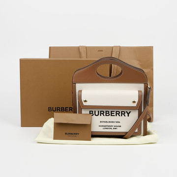 BURBERRY ツートン ミニ キャンバス レザー ポケット トート ショルダーバッグ 158667331 [P]
