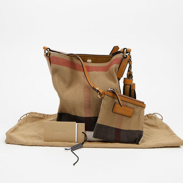 BURBERRY アシュビー ミニ チェック キャンバス タッセル ホーボーバッグ ブラウン 158680513 [P]