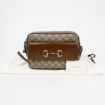 GUCCI Horsebit 1955 Kleine Leder GG Supreme Canvas Schultercrossbody Tasche Braun 158779089 [P]