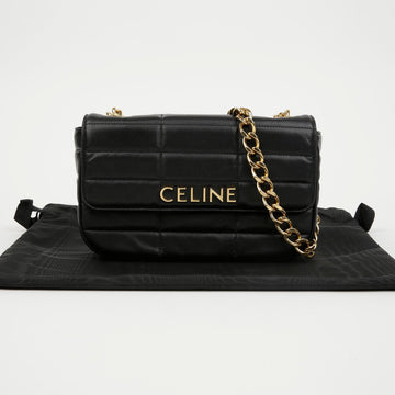 CELINE Monochrome Matelassé Kette Lammleder Schultertasche Gold Schwarz 158873389 [P]