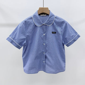 Miu Miu Gingham Women's Short Sleeve Shirt Light Blue 40 159481758 [P]