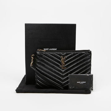 Saint Laurent Monogram Matelassé Leather Small Clutch Black Gold Tone 159123043 [P]