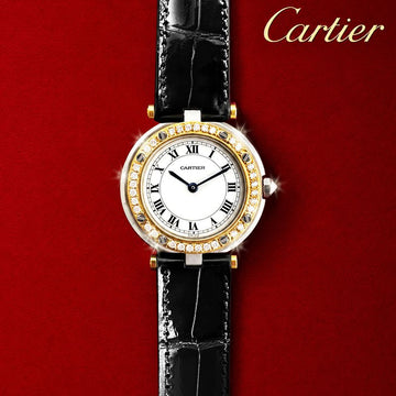 CARTIER サントス ラウンド ホワイトダイヤル ブラックワニ革バンド レディース ダイヤモンドウォッチ 159563445 [P]