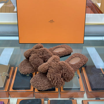 Hermes Shearling Oran Sandals Slippers Brown 159564280 [P]
