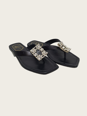 Roger Vivier Black Mini RV Brooch Flat Flip-Flop Sandals 159582066 [P]