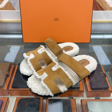 HERMES Shearling Damen Sandalen Slipper Braun H222195 159583317 [P]