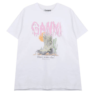 Ganni White Western Boots Print T-Shirt A1050075-151 152598920 [P]