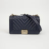 CHANEL Medium Chevron Calfskin Shoulder Bag Navy Gold 158781245 [P]