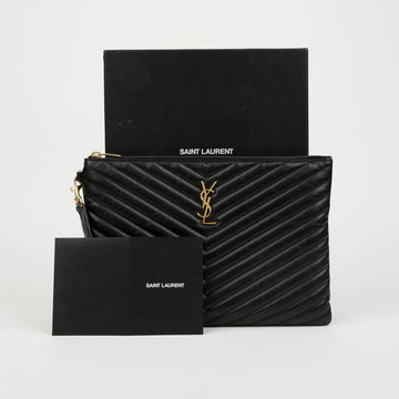 Saint Laurent Cassandra Matelassé Leather Tablet Pouch Black with Gold Hardware 159348037 [P]