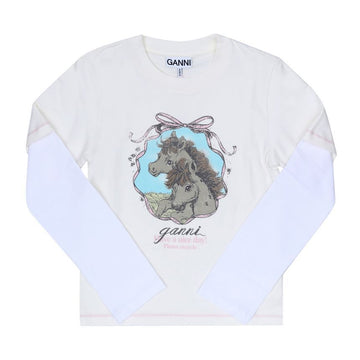 Ganni Baby Fit Layered Short Sleeve T-Shirt with Pony Logo 159720900 [P]