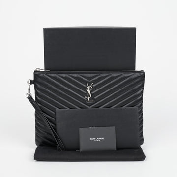 SAINT LAURENT モノグラム ニューミディアム マトラッセ レザー クラッチ ブラック シルバー 159471909 [P]