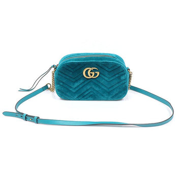 GUCCI ペトロールブルー ベルベット マトラッセ シェブロン GG マモン スモール チェーン ショルダーバッグ 159752676 [P]