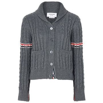 THOM BROWNE Medium Grey Baby Cable Stitched Shawl Collar Wool Cardigan 155435552 [P]