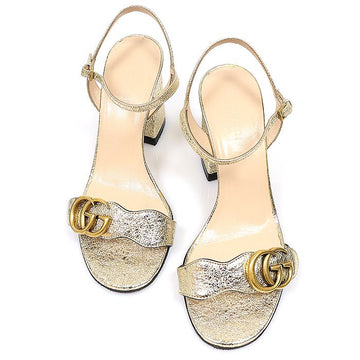 GUCCI Metallisch Gold Laminierte Leder GG Marmont Mid-Heel Damen Sandalen 36 159761893 [P]