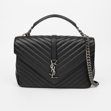 SAINT LAURENT College Leder große Top-Handle Schultertasche Schwarz Silber 159542196 [P]