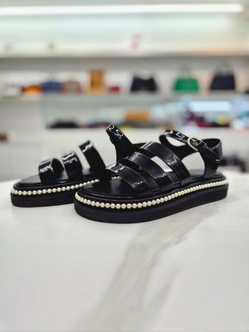CHANEL Patent Leather Pearl Strap Women's Sandals 220mm G32359 159862945 [P]