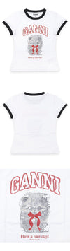 Ganni Women's Kitty Print Crop T-Shirt (White) 151 150975784 [P]