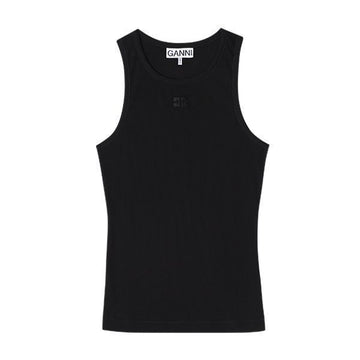 GANNI Kurzarm T3898 099 Schwarz Logo Patch Rip Tanktop Damen Ärmellos 129117115 [P]