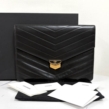 CHANEL Chevron Flap Clutch Bag Black 160092659 [P]