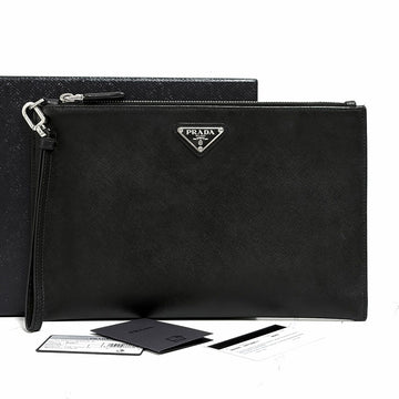 Prada Saffiano Triangle Logo Strap Clutch Bag Black (2NH005) 160092708 [P]