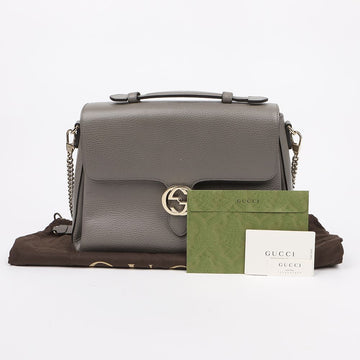 GUCCI グレー レザー インターロッキング トップ ハンドル トートバッグ ショルダーバッグ 159887325 [P]