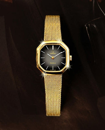 Omega Rare Octagonal Black Two-Tone Manual Women's 18K Gold Plated Watch 160163469 [P]