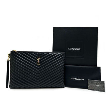 SAINT LAURENT Chevron Clutch Bag mit goldenem Logo schwarz groß 5SSLB25115 148177880 [P]