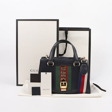 GUCCI レザー シルヴィ トップハンドルトートバッグ兼ショルダーバッグ ネイビー 160101126 [P]