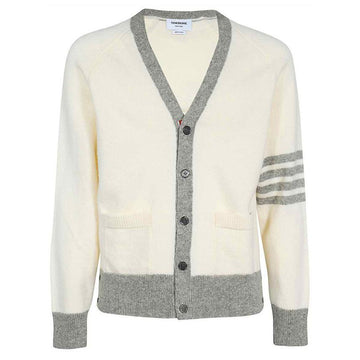 THOM BROWNE Wollcardigan mit V-Ausschnitt und diagonaler Schulterpartie Weiß MKC485A Y1026 100 57379305 [P]