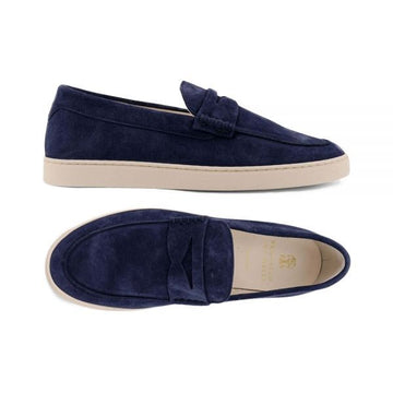 Brunello Cucinelli Suede Penny Loafers with Gold Logo Navy MZUSOLP312 C8862 160288857 [P]