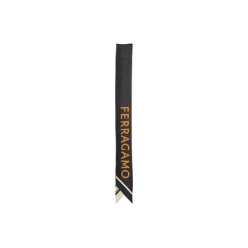 SALVATORE FERRAGAMO 26SS Gaia Print Skinny Twill Seiden-Schal Ivory Black 32-1242 0789920 160299085 [P]