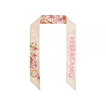 SALVATORE FERRAGAMO 26SS Gaia Print Skinny Twill Seide Schal Licht Ballet Rosa Ivory 32-1242 0789922 160299084 [P]