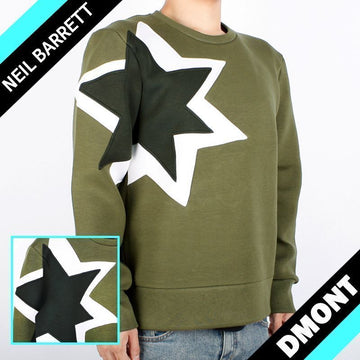 NEIL BARRETT Neopren Double Star Patch Sweatshirt (Khaki) - BJS21D 1423 160318462 [P]