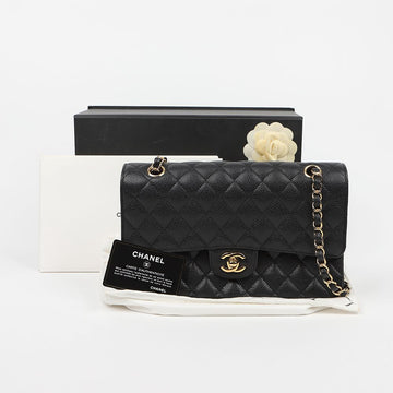 CHANEL Classic Medium Caviar Flap Bag Black Gold Tone 160157596 [P]