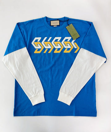 Gucci Layered Long Sleeve Cotton T-Shirt 677425 XJEUN 4199 Blue 160364129 [P]