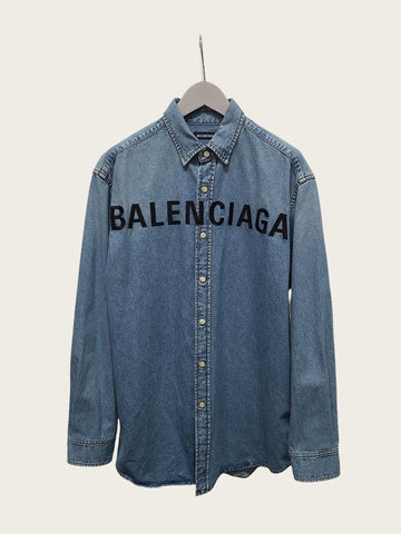 BALENCIAGA Hellblaue Denim-Stickerei Logo Overshirt Jacke 160365551 [P]