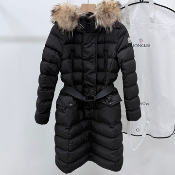 MONCLER Frauenlange Daunenjacke mit Waschbärpelz Schwarz Größe 2 160435012 [P]