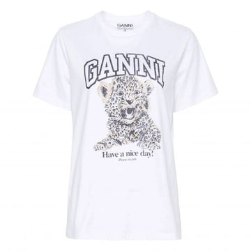 GANNI ホワイト ベーシック ジャージ レオパード リラックス Tシャツ 138918983 [P]