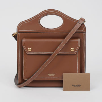 Burberry Topstitch Pocket Leather Mini Tote Bag Brown 158669579 [P]