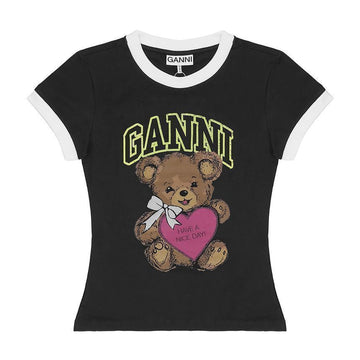 Ganni Teddy Logo Baby Fit Contrast Ringer Women's T-Shirt 159720895 [P]