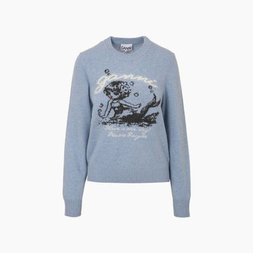 Ganni Mermaid Graphic Wool Mix Knit Chambray Sweater 159120463 [P]