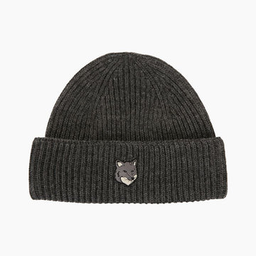 Maison Kitsune Fox Head Large Wool Charcoal Beanie 161887190 [P]