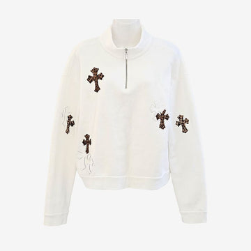 Chrome Hearts Leopard Cross Leather Patch Half-Zip Sweatshirt S White 4EWZDAWD 162874338 [P]