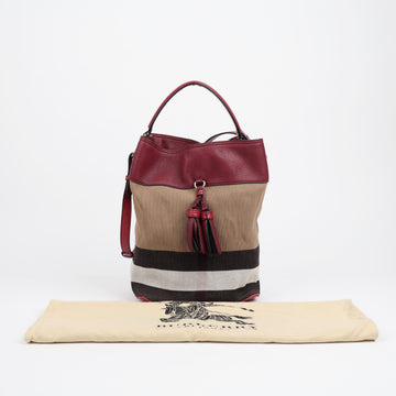 Burberry Medium House Check Canvas Bucket Shoulder Bag Burgundy 162358759 [P]
