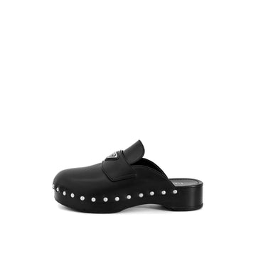 Prada Triangle Logo Napa Leather Studded Clog Mule Sandals Slippers Black 147253207