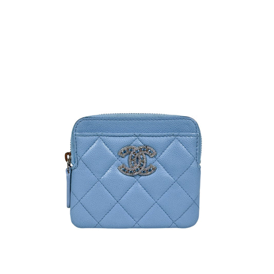 CHANEL Caviar 19 Crystal CC Logo Zipper Coin Card Wallet Blue AP2741 157966397 [P]