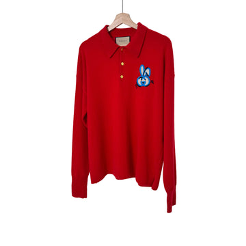 Gucci Men's New Year Rabbit Embroidery Collection Long Sleeve Polo Knit Red XL 156162686