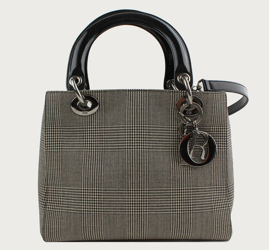 DIOR グレンチェックファブリックレディシルバー小型トート兼ショルダー 26811126